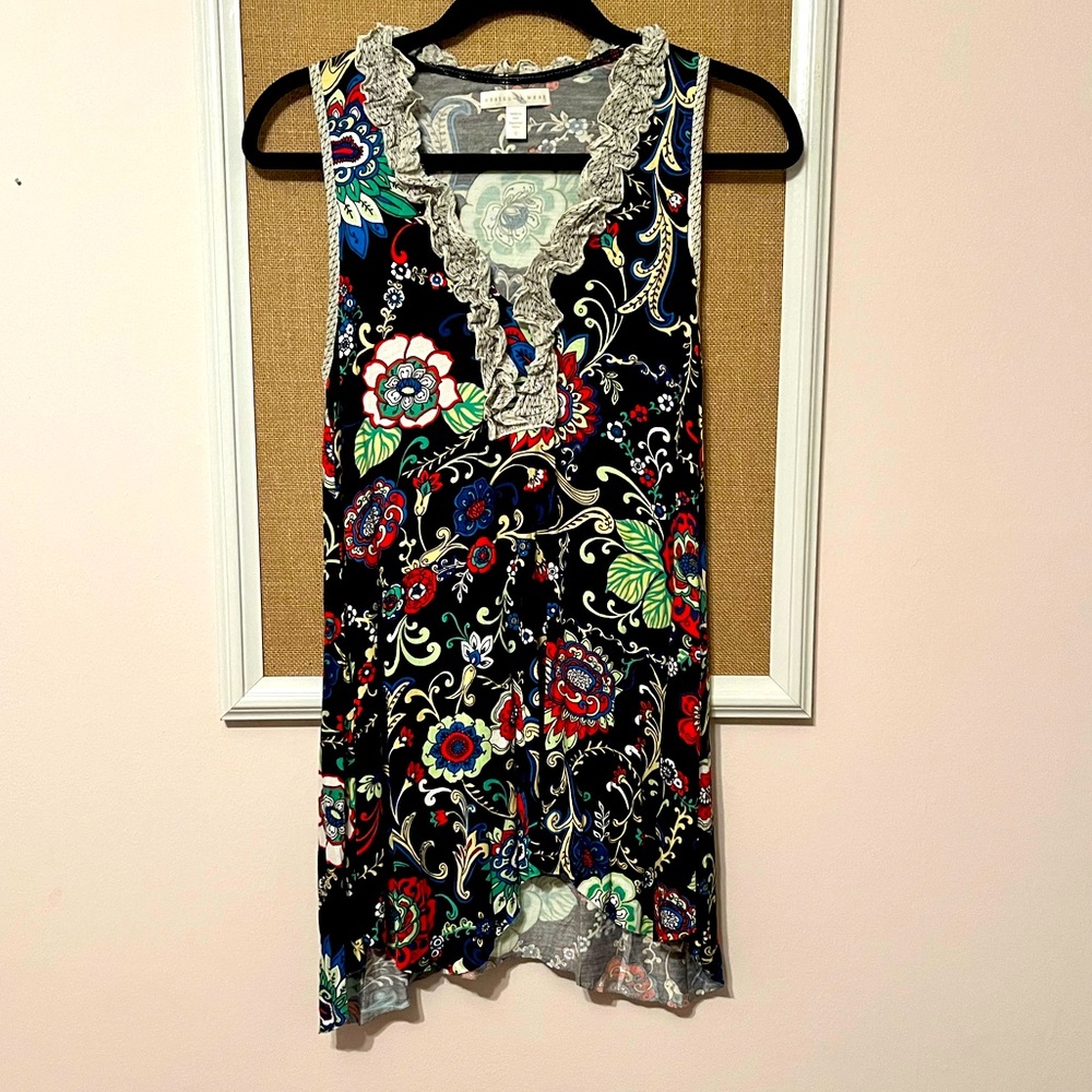 Bold tank with ruffle neckline. From Anthropologie. Weston Wear size S.